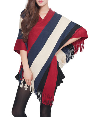 Knitted Poncho V Neck Multi-Stripe Tassel Cape