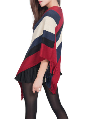 Knitted Poncho V Neck Multi-Stripe Tassel Cape