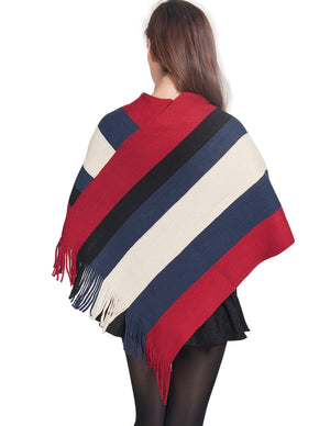 Knitted Poncho V Neck Multi-Stripe Tassel Cape