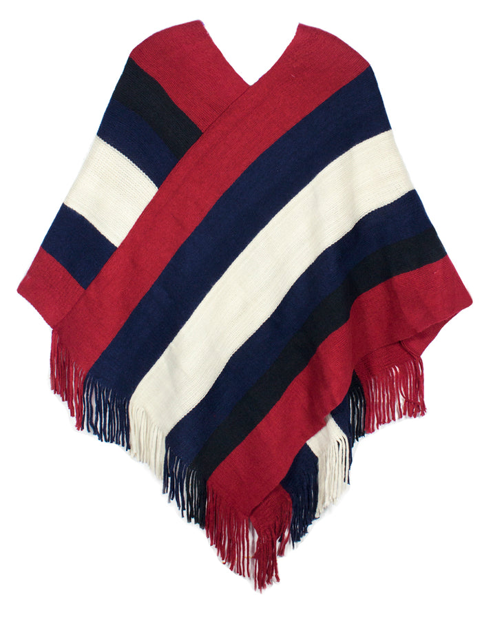 Knitted Poncho V Neck Multi-Stripe Tassel Cape