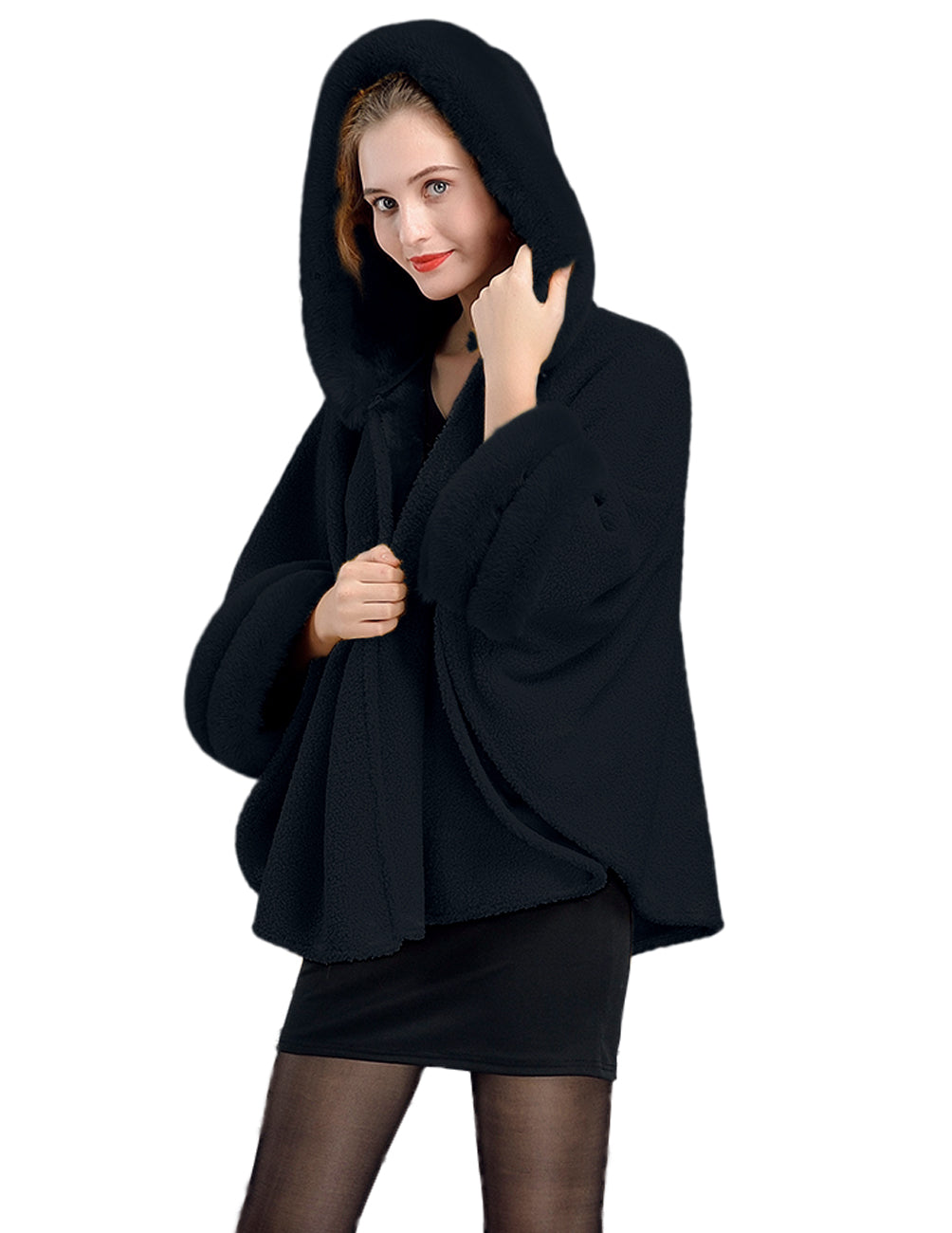Dahlia Faux Fur Fleece Lined Poncho Cape with Trimmed Collar, Hood