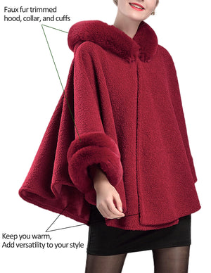 Dahlia Women's Winter Poncho Cape – Luxurious Faux Fur-Trimmed, Shed-Free, Silky Touch, Fleece-Lined Elegant Cloak