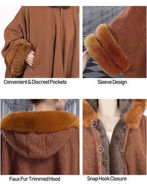 Faux Fur Fleece Lined Poncho Cape with Trimmed Collar, Hood, Cuffs