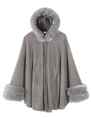 Faux Fur Fleece Lined Poncho Cape with Trimmed Collar, Hood, Cuffs