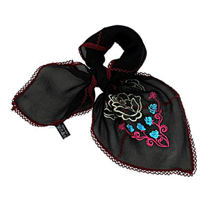 [product type] | Embroidered Rose Square Silk Scarf Neckerchief Crepe - Black | Dahlia