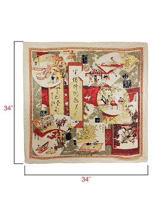 [product type] | Traditional Chinese Painting Collage Satin Charmeuse Square Silk Scarf - Tan | Dahlia