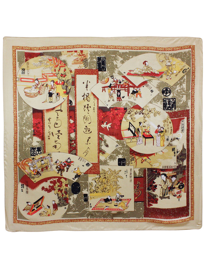 Traditional Chinese Painting Collage Satin Charmeuse Square Silk Scarf - Tan