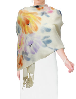 Wool Blend Scarfs, Wraps, and Shawls, Hand Painted Flowers