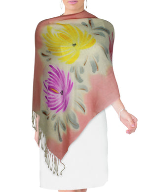 Wool Blend Scarfs, Wraps, and Shawls, Hand Painted Flowers