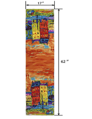 [product type] | 100% Luxury Long Silk Scarf - Wassily Kandinsky "Houses in Munich" - Red | Dahlia