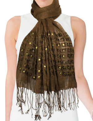 Linen Fashion Hand Embroidered Flowers and Rivets Long Scarf Shawl