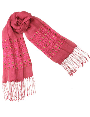 Linen Fashion Hand Embroidered Flowers and Rivets Long Scarf Shawl