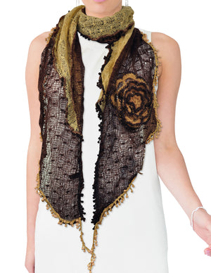 Fashion Two-Tone Ruffle Knitted Large Flowers Small Ball Long Scarf