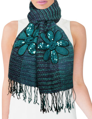 Fashion Knitted Sequined Flowers Tassels Ends Long Scarf Shawl