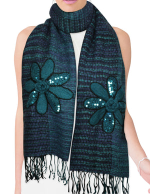 Fashion Knitted Sequined Flowers Tassels Ends Long Scarf Shawl