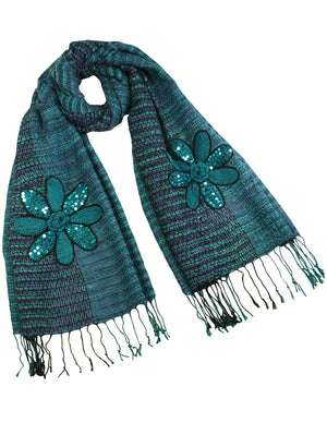 Fashion Knitted Sequined Flowers Tassels Ends Long Scarf Shawl
