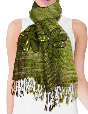 Fashion Knitted Sequined Flowers Tassels Ends Long Scarf Shawl