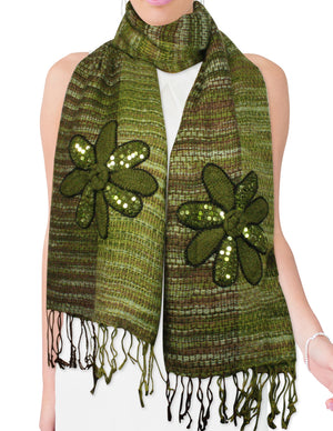 Fashion Knitted Sequined Flowers Tassels Ends Long Scarf Shawl