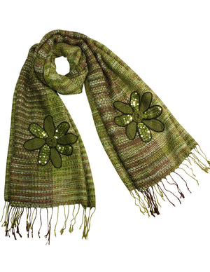 Fashion Knitted Sequined Flowers Tassels Ends Long Scarf Shawl