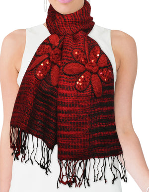 Fashion Knitted Sequined Flowers Tassels Ends Long Scarf Shawl