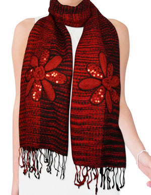 Fashion Knitted Sequined Flowers Tassels Ends Long Scarf Shawl