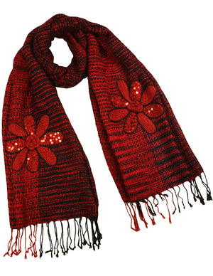 Fashion Knitted Sequined Flowers Tassels Ends Long Scarf Shawl