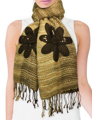 Fashion Knitted Sequined Flowers Tassels Ends Long Scarf Shawl