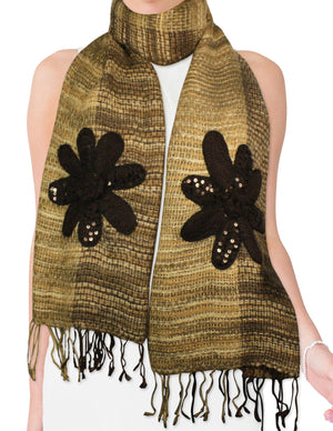 Fashion Knitted Sequined Flowers Tassels Ends Long Scarf Shawl