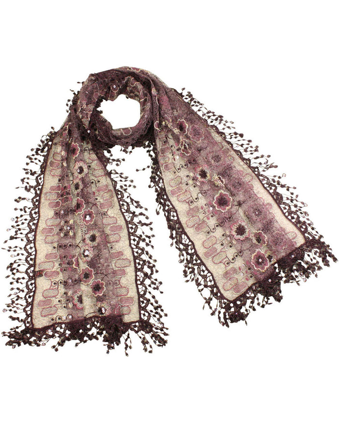 Hand Embroidered Lace Geometric Flower Patterns Beaded Sequins Long Scarf