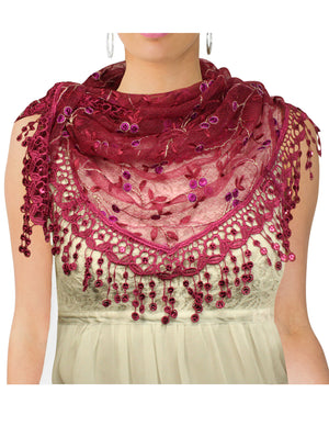 Hand Embroidered Lace Small Vine Flowers Patterns Beaded Sequins Triangle Scarf