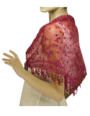 Hand Embroidered Lace Small Vine Flowers Patterns Beaded Sequins Triangle Scarf