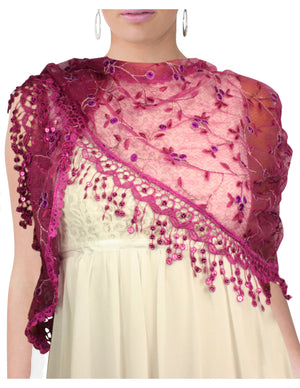 Hand Embroidered Lace Small Vine Flowers Patterns Beaded Sequins Triangle Scarf
