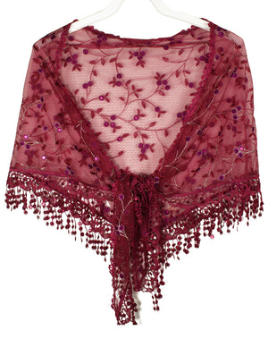 Hand Embroidered Lace Small Vine Flowers Patterns Beaded Sequins Triangle Scarf