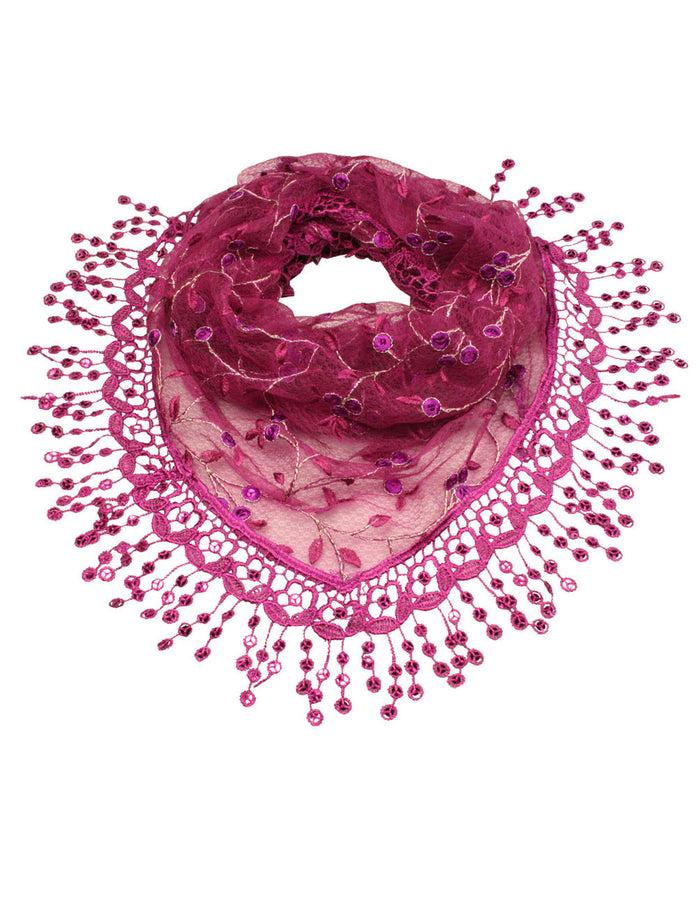 Hand Embroidered Lace Small Vine Flowers Patterns Beaded Sequins Triangle Scarf