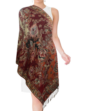 [product type] | Metallic Paisley Flower Double-Sided Reversible Rayon Long Scarf Shawl | Dahlia