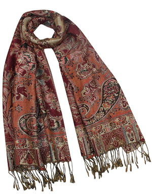 [product type] | Metallic Paisley Flower Double-Sided Reversible Rayon Long Scarf Shawl | Dahlia