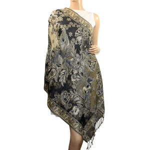 [product type] | Metallic Paisley Flower Double-Sided Reversible Rayon Long Scarf Shawl | Dahlia