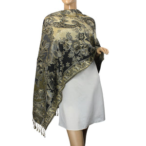 [product type] | Metallic Paisley Flower Double-Sided Reversible Rayon Long Scarf Shawl | Dahlia