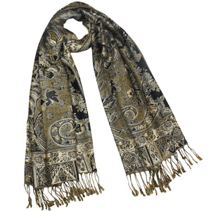 [product type] | Metallic Paisley Flower Double-Sided Reversible Rayon Long Scarf Shawl | Dahlia