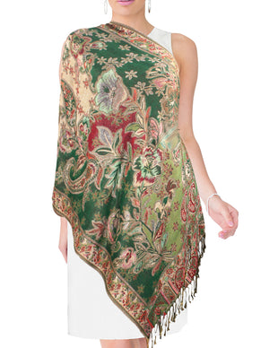 [product type] | Metallic Paisley Flower Double-Sided Reversible Rayon Long Scarf Shawl | Dahlia