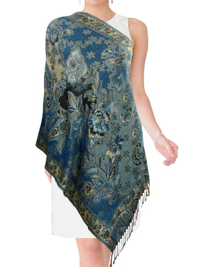 [product type] | Metallic Paisley Flower Double-Sided Reversible Rayon Long Scarf Shawl | Dahlia