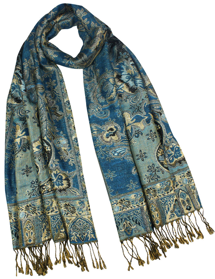 Metallic Paisley Flower Double-Sided Reversible Rayon Long Scarf Shawl
