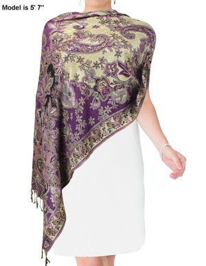 [product type] | Metallic Paisley Flower Double-Sided Reversible Rayon Long Scarf Shawl | Dahlia