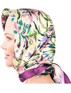 [product type] | 100% Luxury Square Silk Scarf - Laurent Monteil Irises Painting - Purple | Dahlia