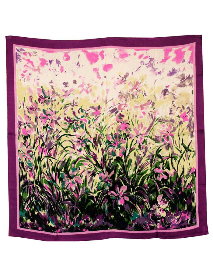 100% Luxury Square Silk Scarf - Laurent Monteil Irises Painting - Purple