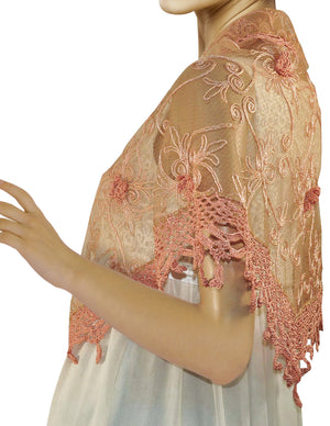 Hand Embroidered Scroll Vine Hand Knitted Lace Tassels Triangle Scarf