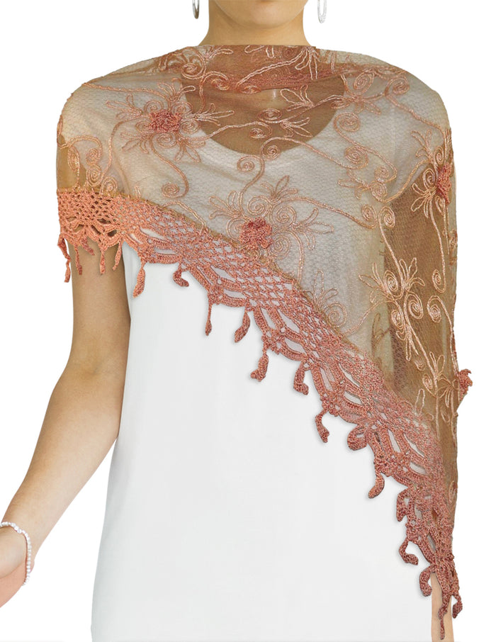 Hand Embroidered Scroll Vine Hand Knitted Lace Tassels Triangle Scarf
