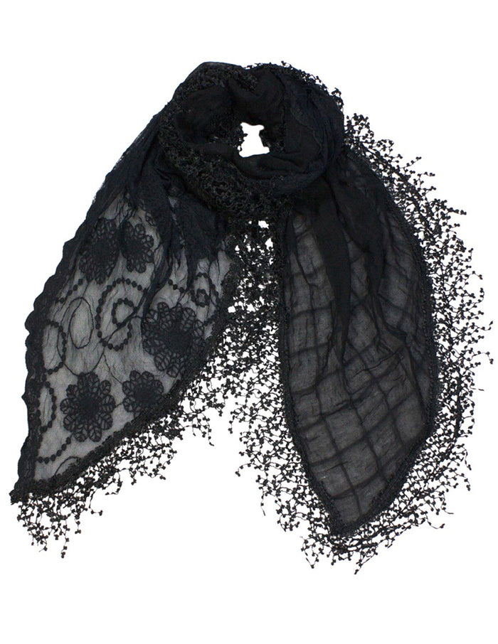 Half Embroidered Flowers & Solid Box Hand Knitted Asymmetric Lace Long Scarf