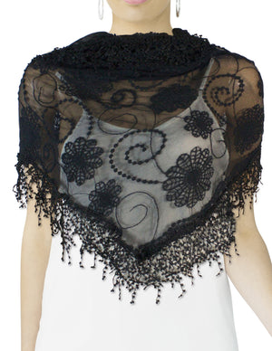Half Embroidered Flowers & Solid Box Hand Knitted Asymmetric Lace Long Scarf