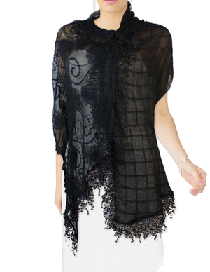 Half Embroidered Flowers & Solid Box Hand Knitted Asymmetric Lace Long Scarf